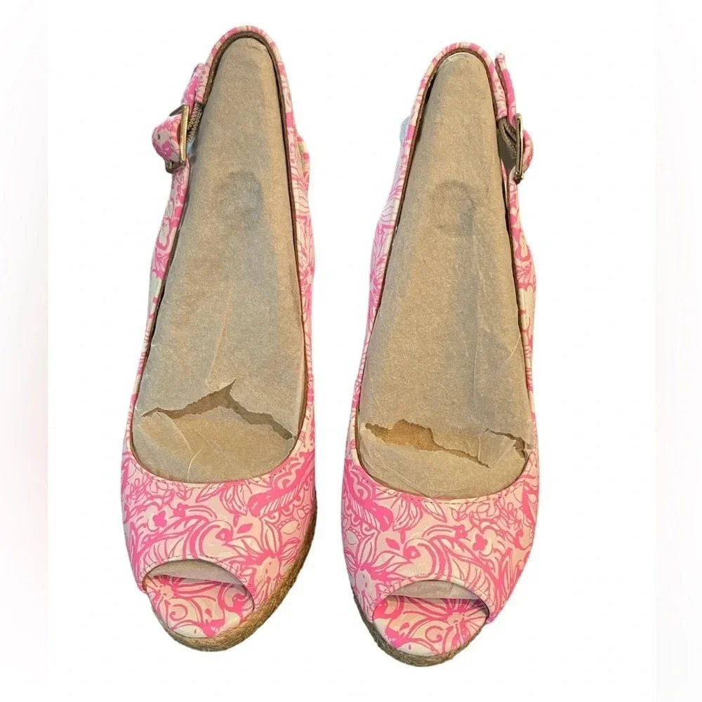 🎀 Lilly Pulitzer Krisie Pink Leather Cork Wedges 💕 Size 6‎ Barbiecore 🎀